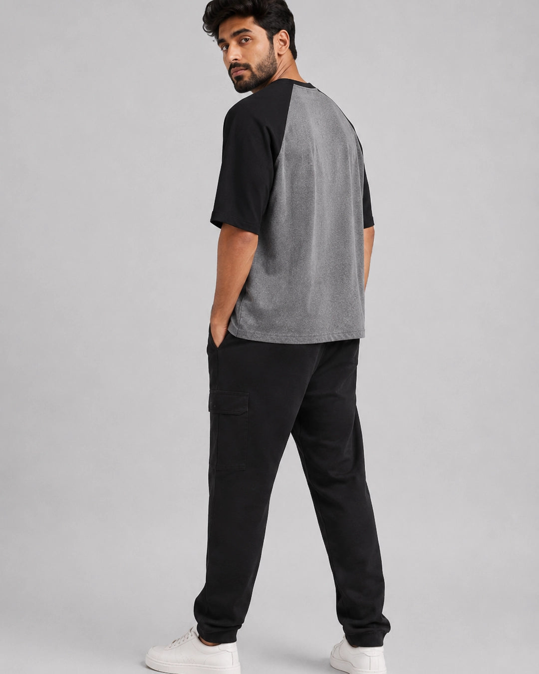 Monsoon Arc - Oversized Raglan T-Shirt, charcoal grey and black colour block, Yorlook