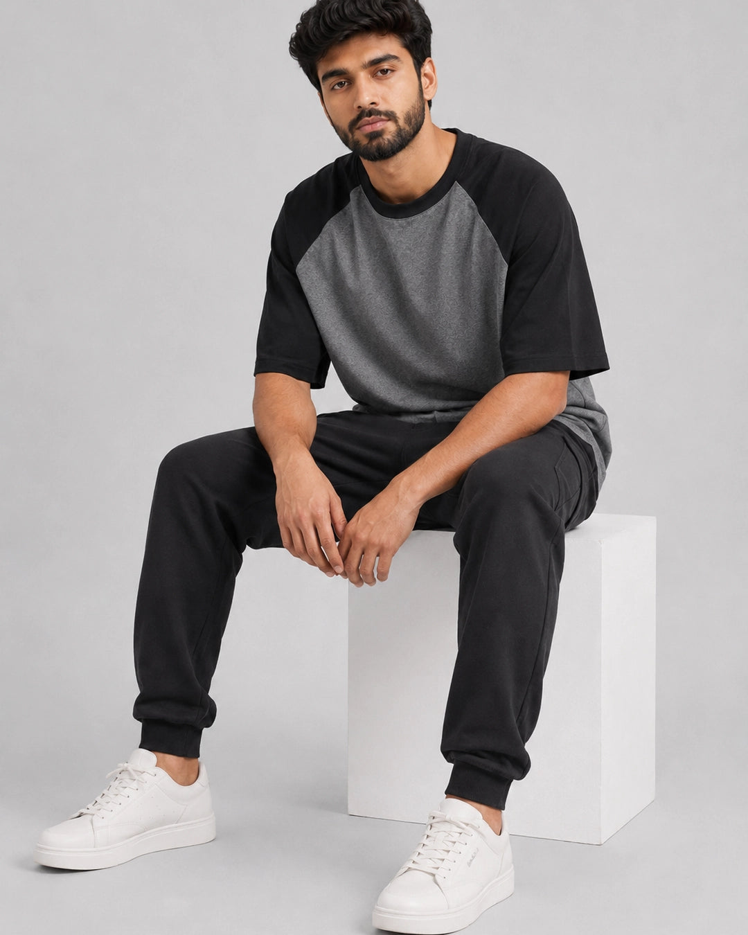 Monsoon Arc - Oversized Raglan T-Shirt, charcoal grey and black colour block, Yorlook