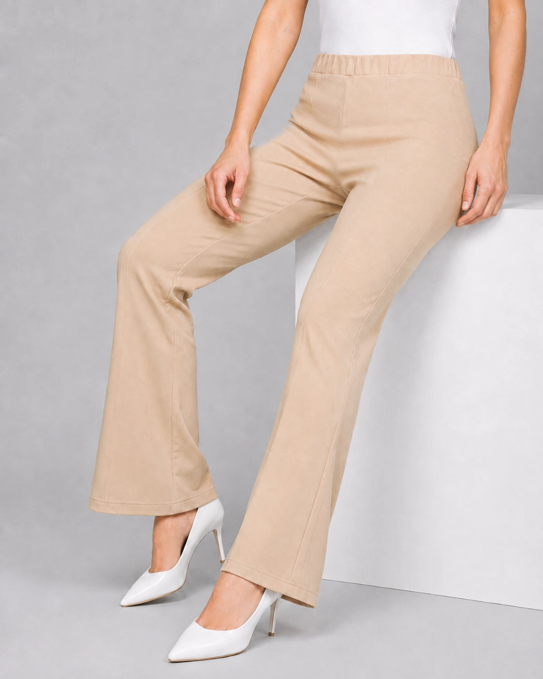 Sand Flare Bootcut Trousers styled pose